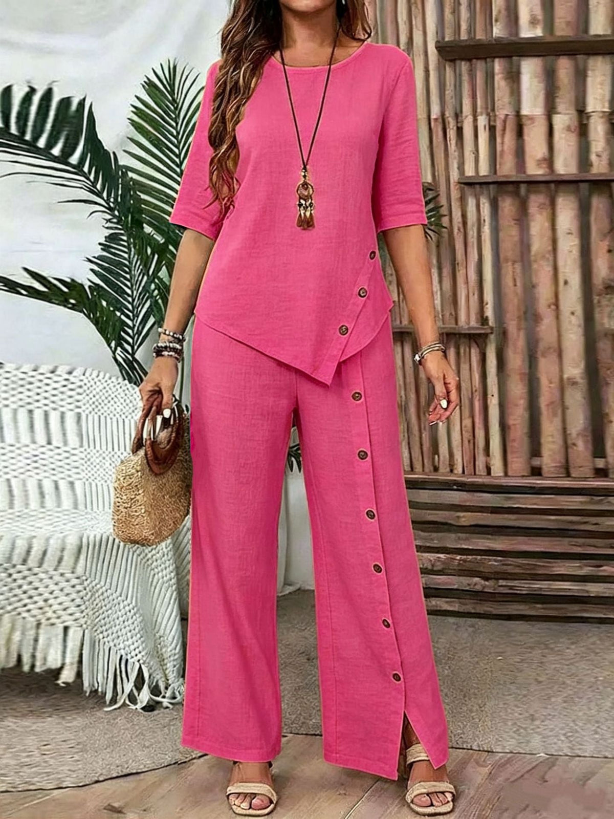 Irregular Hem Elegant Buttoned Half-sleeve Shirt And Trousers Set - RALO COLLECTION STUDIO