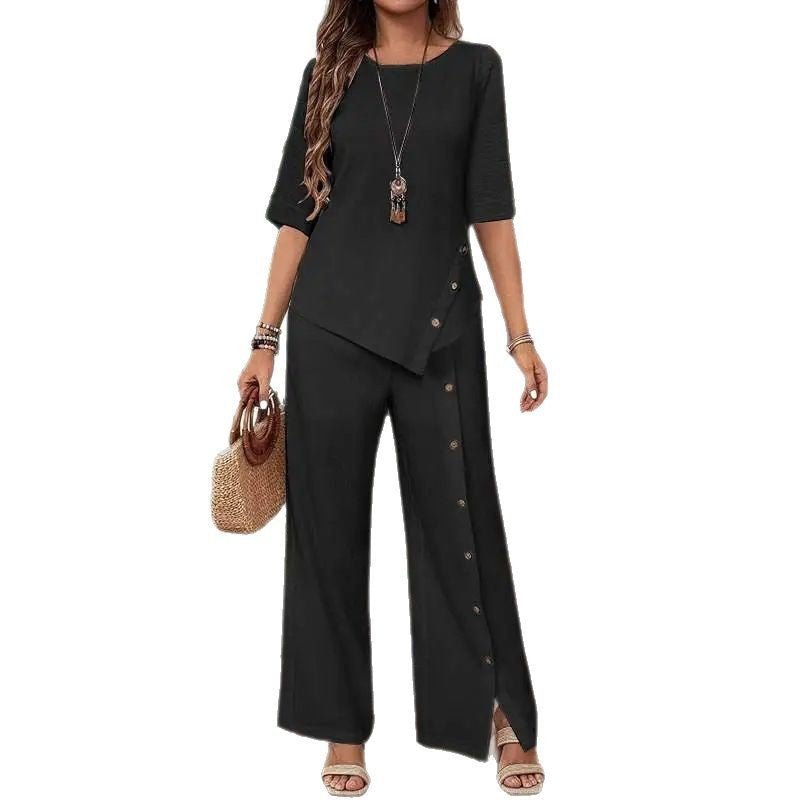 Irregular Hem Elegant Buttoned Half-sleeve Shirt And Trousers Set - RALO COLLECTION STUDIO