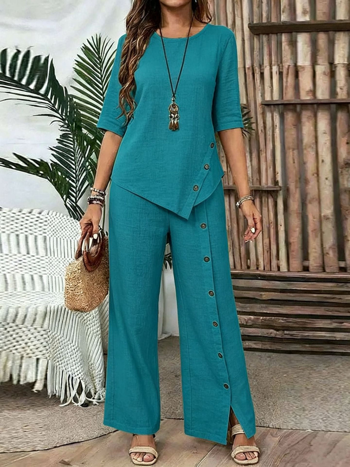 Irregular Hem Elegant Buttoned Half-sleeve Shirt And Trousers Set - RALO COLLECTION STUDIO