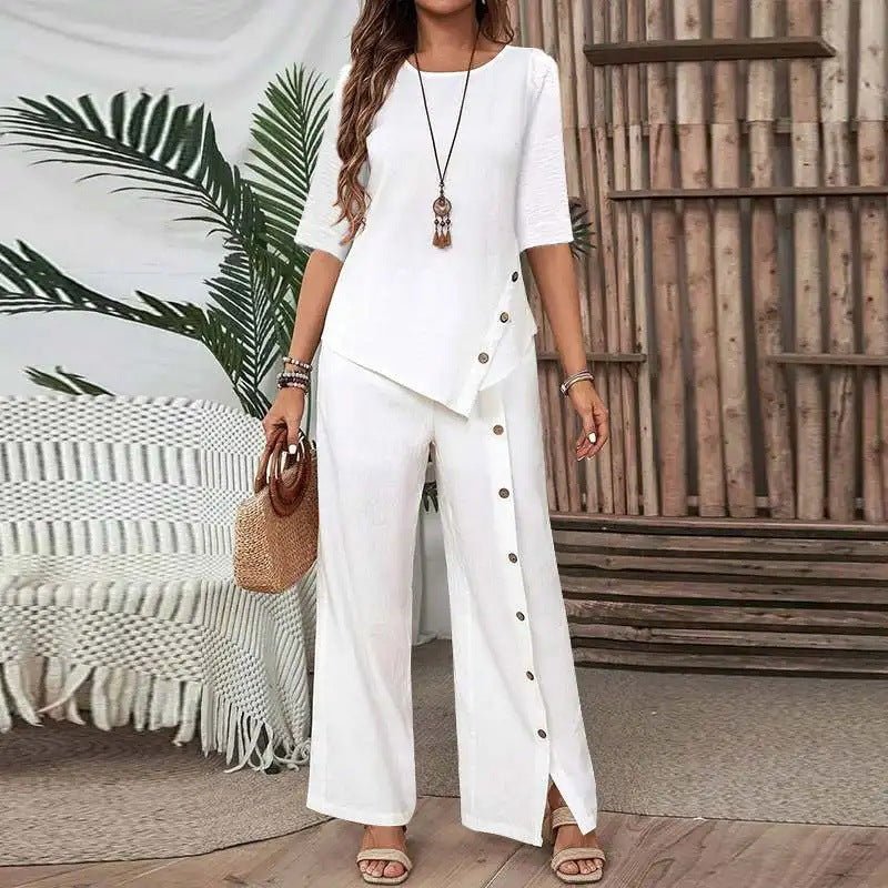 Irregular Hem Elegant Buttoned Half-sleeve Shirt And Trousers Set - RALO COLLECTION STUDIO