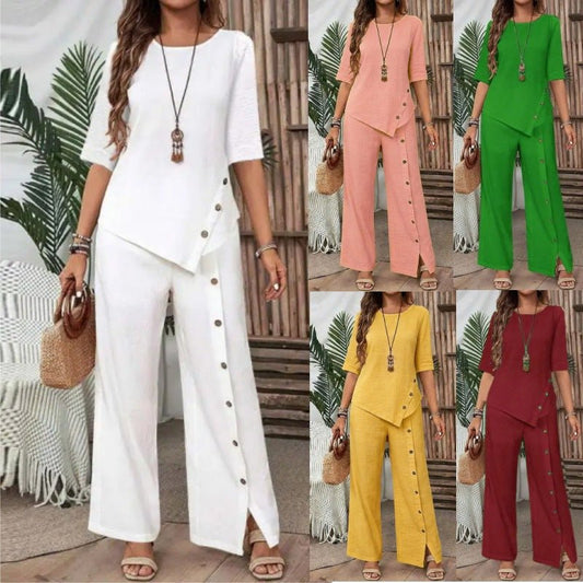 Irregular Hem Elegant Buttoned Half-sleeve Shirt And Trousers Set - RALO COLLECTION STUDIO