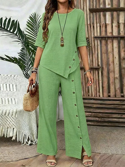 Irregular Hem Elegant Buttoned Half-sleeve Shirt And Trousers Set - RALO COLLECTION STUDIO