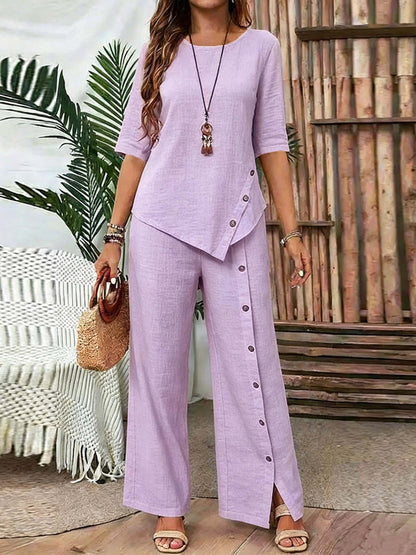 Irregular Hem Elegant Buttoned Half-sleeve Shirt And Trousers Set - RALO COLLECTION STUDIO