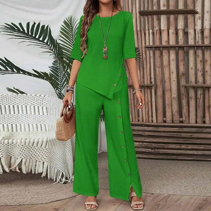 Irregular Hem Elegant Buttoned Half-sleeve Shirt And Trousers Set - RALO COLLECTION STUDIO