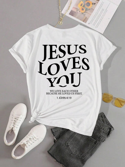 Jesus Loves You Letter Print Women T-Shirts Summer Breathabl - RALO COLLECTION STUDIO