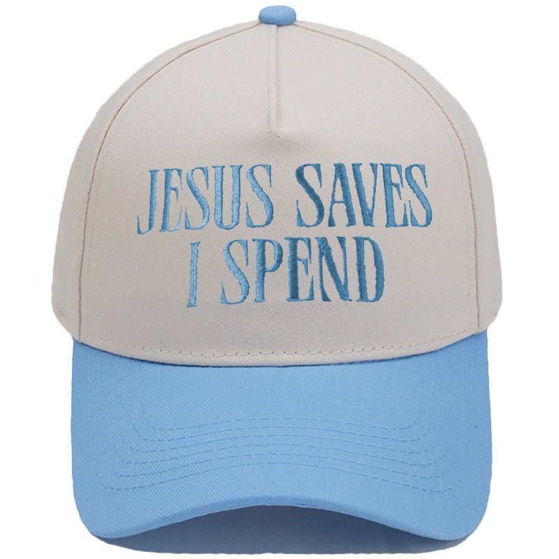 JESUS SAVES I SPEND Embroidered Trucker Hat Color-Block Baseball Cap - RALO COLLECTION STUDIO