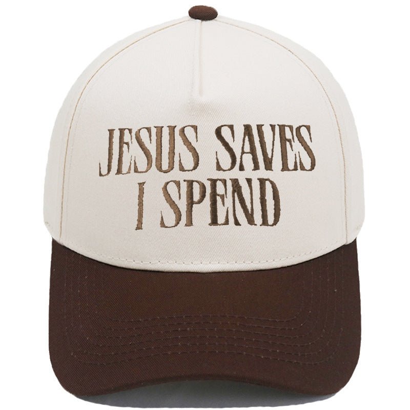 JESUS SAVES I SPEND Embroidered Trucker Hat Color-Block Baseball Cap - RALO COLLECTION STUDIO