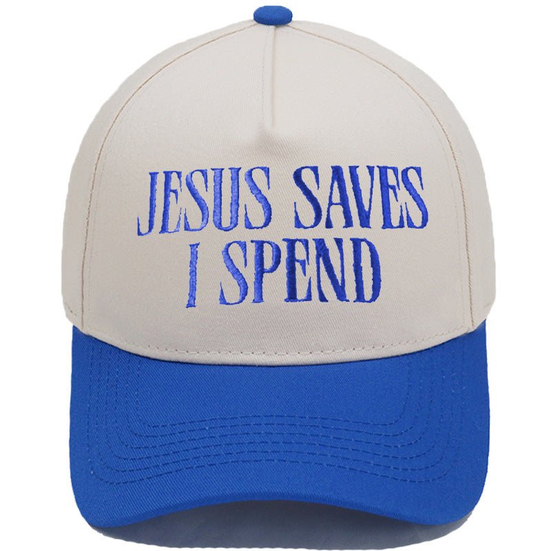 JESUS SAVES I SPEND Embroidered Trucker Hat Color-Block Baseball Cap - RALO COLLECTION STUDIO