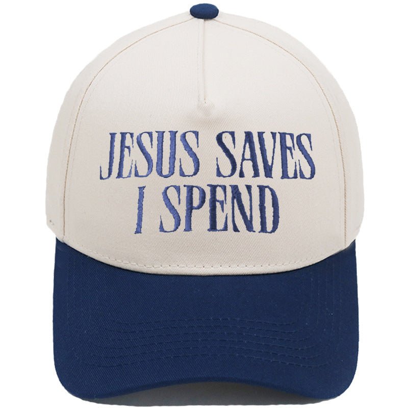 JESUS SAVES I SPEND Embroidered Trucker Hat Color-Block Baseball Cap - RALO COLLECTION STUDIO