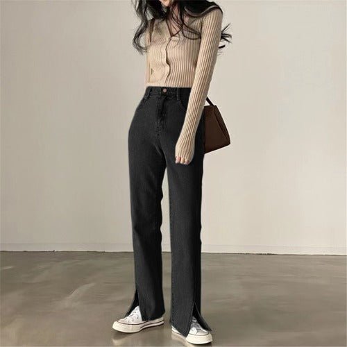Korean Version Of Ins Fashion High-waisted Slits Were Thin And High-covered Bi-prepared Spring Jeans Women - RALO COLLECTION STUDIO