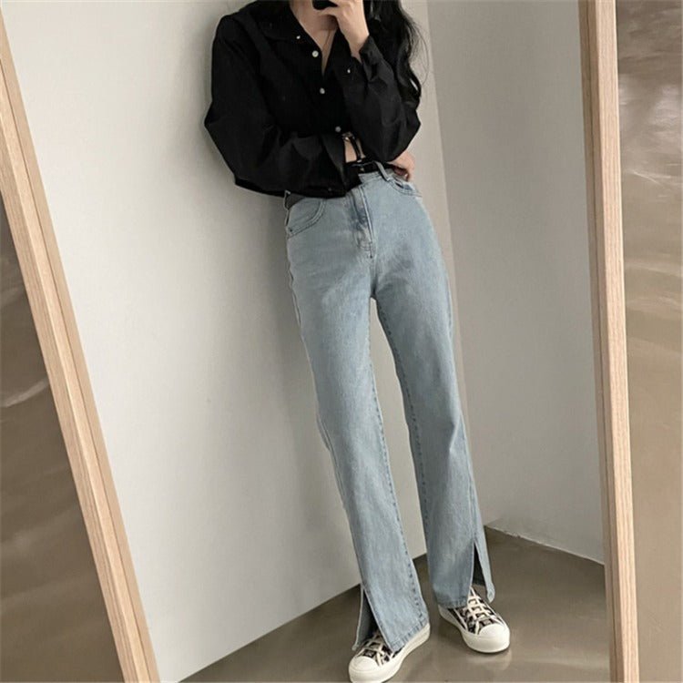 Korean Version Of Ins Fashion High-waisted Slits Were Thin And High-covered Bi-prepared Spring Jeans Women - RALO COLLECTION STUDIO