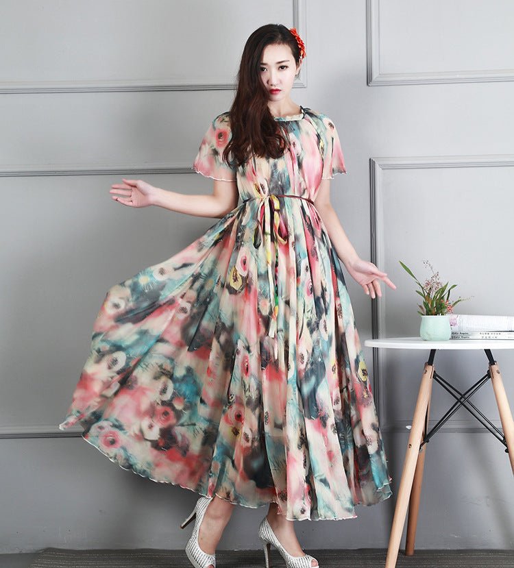 Ladies Fashion Chiffon Short Sleeve Printed Dress - RALO COLLECTION STUDIO