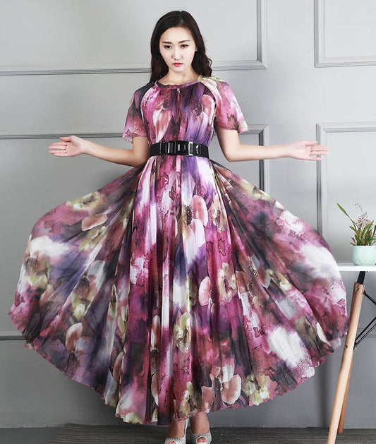 Ladies Fashion Chiffon Short Sleeve Printed Dress - RALO COLLECTION STUDIO