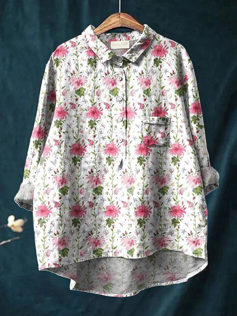 Lapel Long Sleeve Shirt Vintage Floral Flower T-shirt Shirt - RALO COLLECTION STUDIO