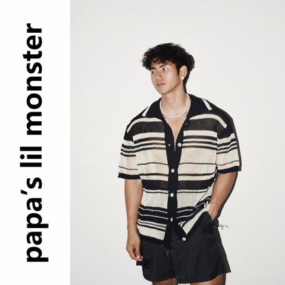 Loose-fitting Striped Hollow-out Casual Lazy-style Short-sleeve Shirt With A Lapel Collar - RALO COLLECTION STUDIO