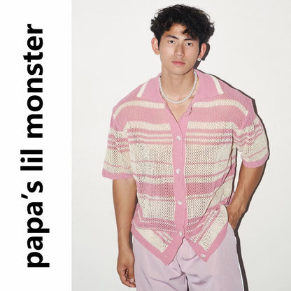 Loose-fitting Striped Hollow-out Casual Lazy-style Short-sleeve Shirt With A Lapel Collar - RALO COLLECTION STUDIO