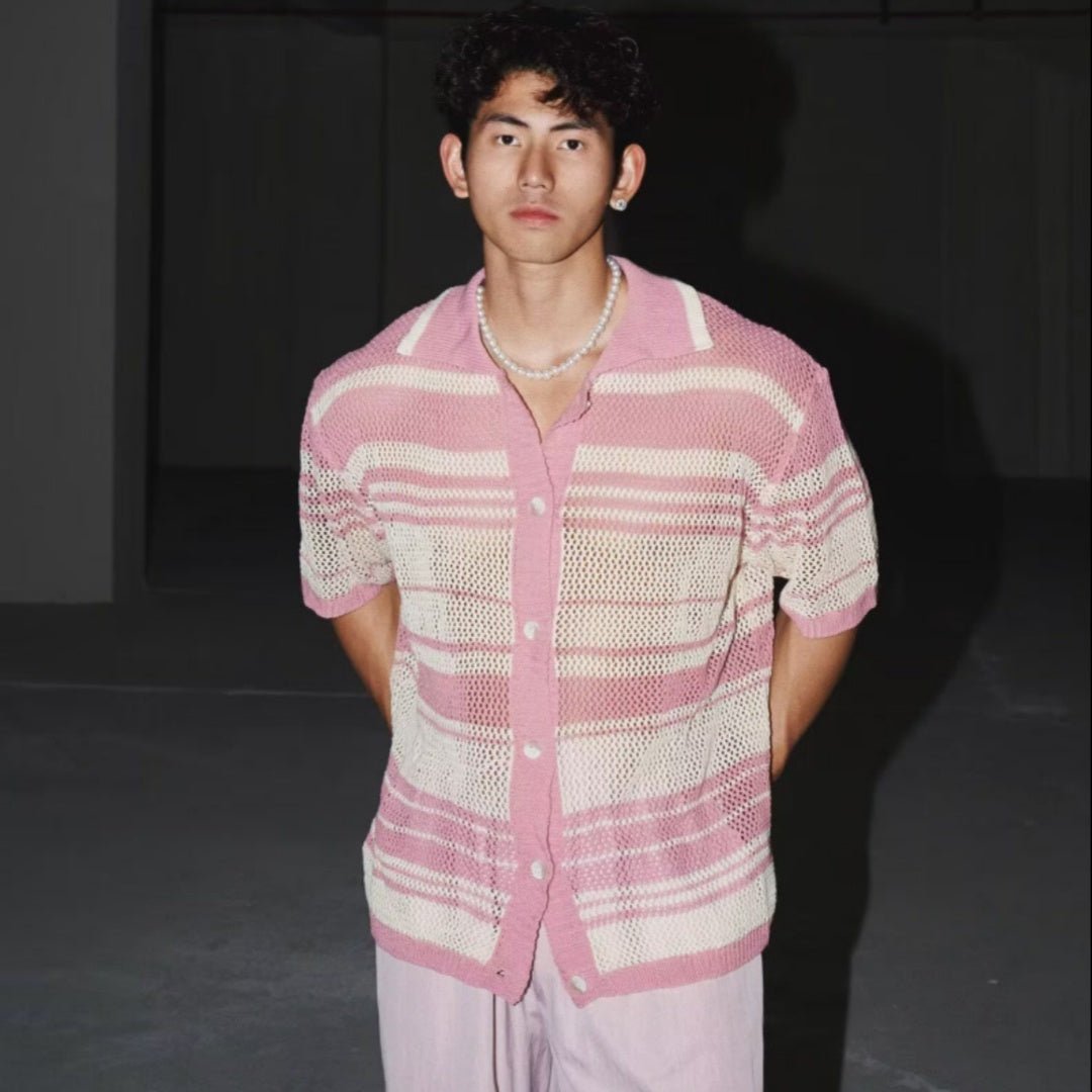 Loose-fitting Striped Hollow-out Casual Lazy-style Short-sleeve Shirt With A Lapel Collar - RALO COLLECTION STUDIO