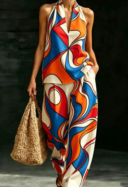 Loose V-neck Sleeveless Striped Casual Suit - RALO COLLECTION STUDIO