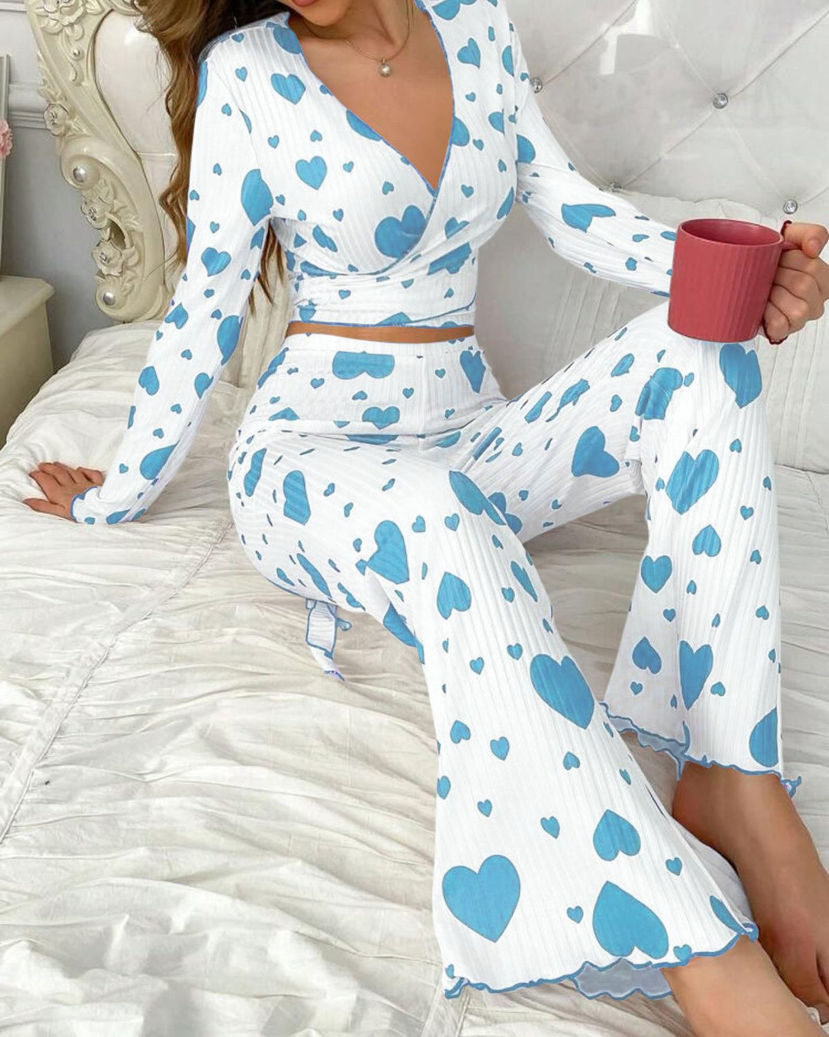 Loved-print Long-sleeve Pajama Set With Long Pants - RALO COLLECTION STUDIO