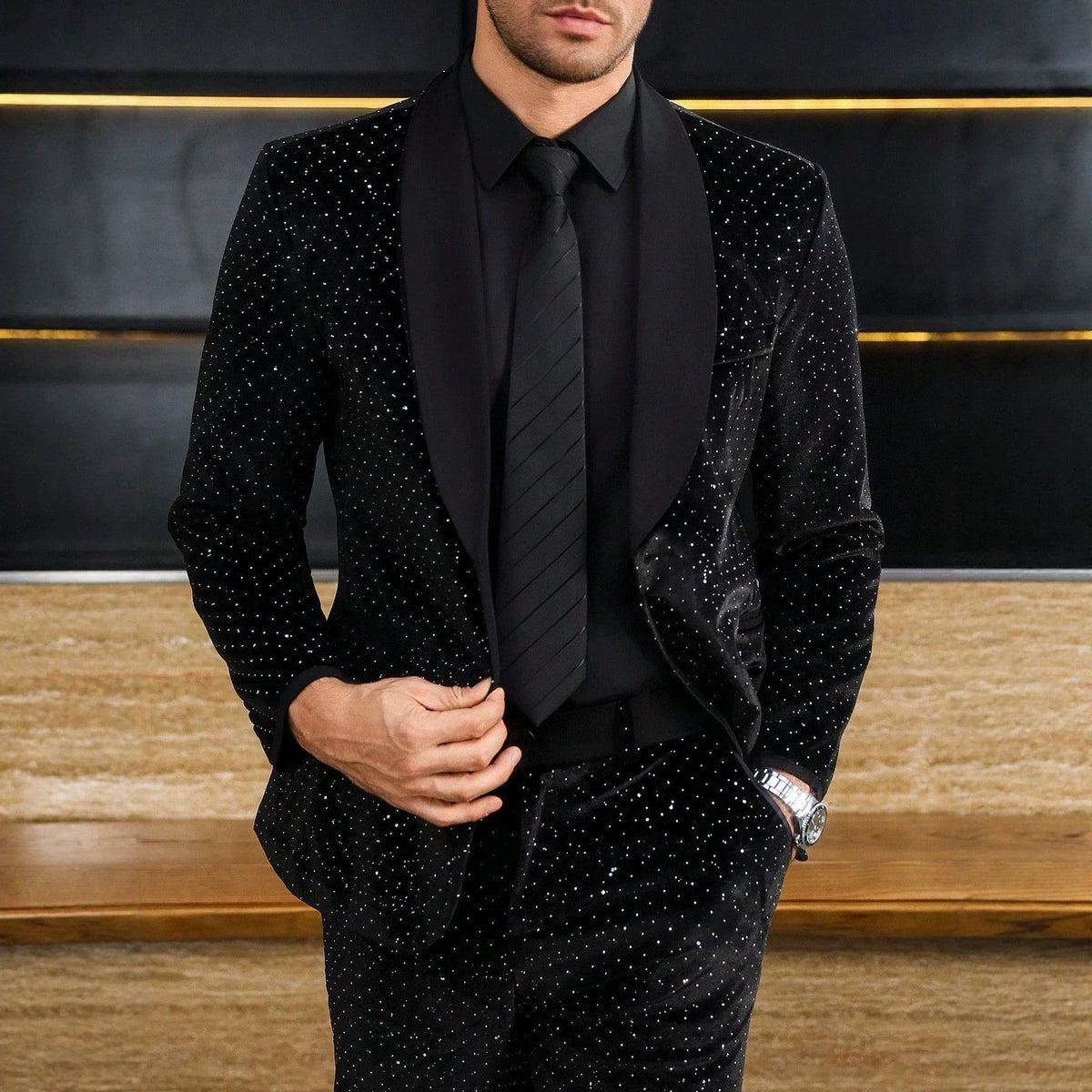 Mens Black Formal Suit Set With Subtle Glitter - RALO COLLECTION STUDIO