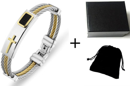 RALO Collection Men’s 3-Row Stainless Steel Cross Bracelet – Christian Punk Wire Chain Bangle - RALO COLLECTION STUDIO