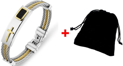 RALO Collection Men’s 3-Row Stainless Steel Cross Bracelet – Christian Punk Wire Chain Bangle - RALO COLLECTION STUDIO
