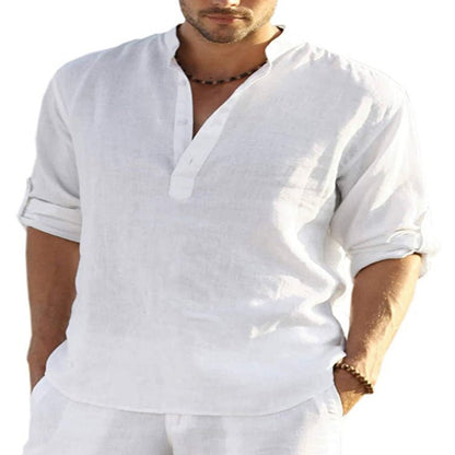 Men's Casual Cotton Linen Solid Color Long Sleeve Shirt Loose Stand Collar - RALO COLLECTION STUDIO