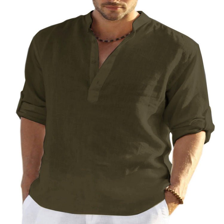 Men's Casual Cotton Linen Solid Color Long Sleeve Shirt Loose Stand Collar - RALO COLLECTION STUDIO