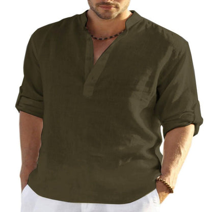 Men's Casual Cotton Linen Solid Color Long Sleeve Shirt Loose Stand Collar - RALO COLLECTION STUDIO