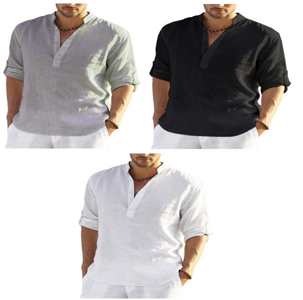 Men's Casual Cotton Linen Solid Color Long Sleeve Shirt Loose Stand Collar - RALO COLLECTION STUDIO