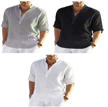 Men's Casual Cotton Linen Solid Color Long Sleeve Shirt Loose Stand Collar - RALO COLLECTION STUDIO