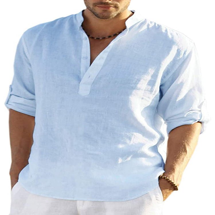 Men's Casual Cotton Linen Solid Color Long Sleeve Shirt Loose Stand Collar - RALO COLLECTION STUDIO