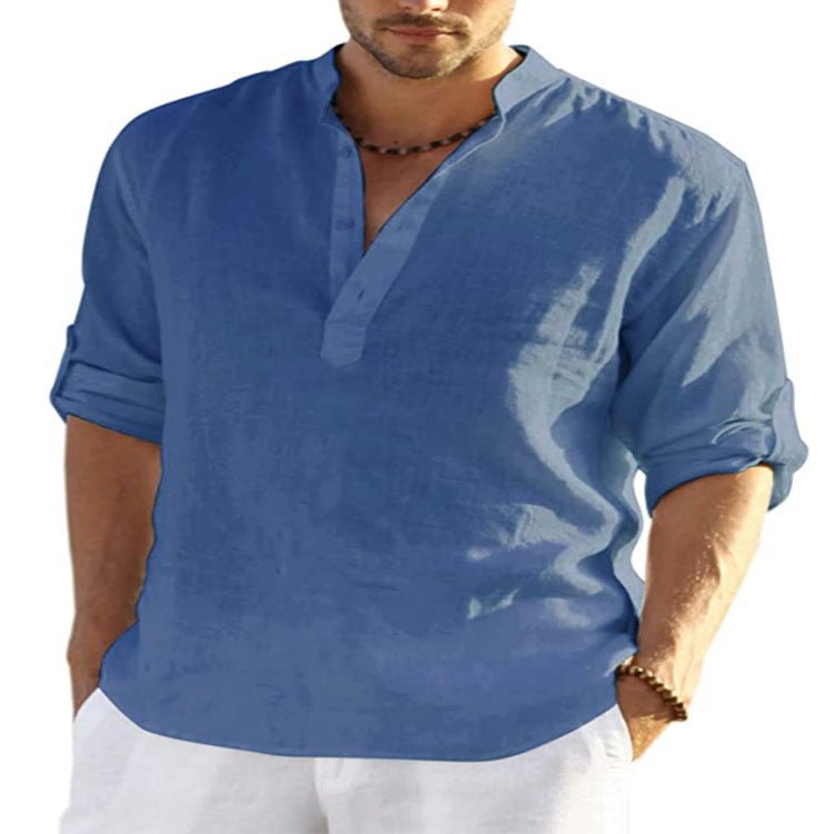 Men's Casual Cotton Linen Solid Color Long Sleeve Shirt Loose Stand Collar - RALO COLLECTION STUDIO