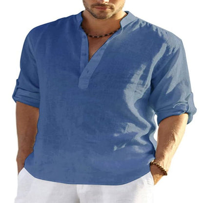 Men's Casual Cotton Linen Solid Color Long Sleeve Shirt Loose Stand Collar - RALO COLLECTION STUDIO
