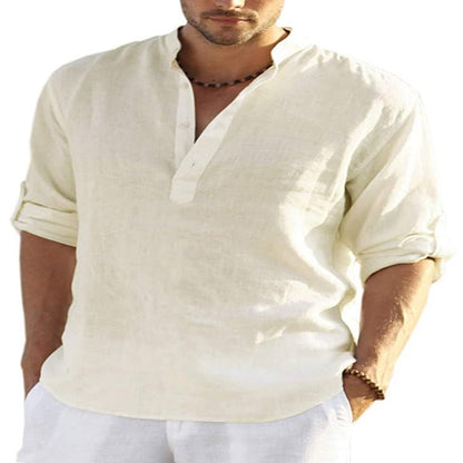 Men's Casual Cotton Linen Solid Color Long Sleeve Shirt Loose Stand Collar - RALO COLLECTION STUDIO