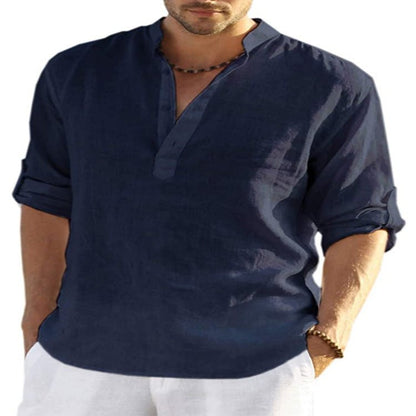 Men's Casual Cotton Linen Solid Color Long Sleeve Shirt Loose Stand Collar - RALO COLLECTION STUDIO