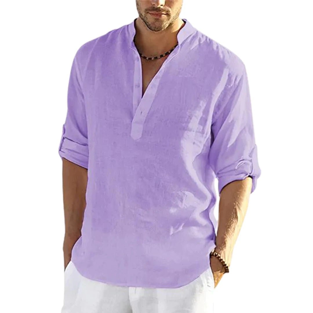 Men's Casual Cotton Linen Solid Color Long Sleeve Shirt Loose Stand Collar - RALO COLLECTION STUDIO