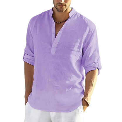 Men's Casual Cotton Linen Solid Color Long Sleeve Shirt Loose Stand Collar - RALO COLLECTION STUDIO