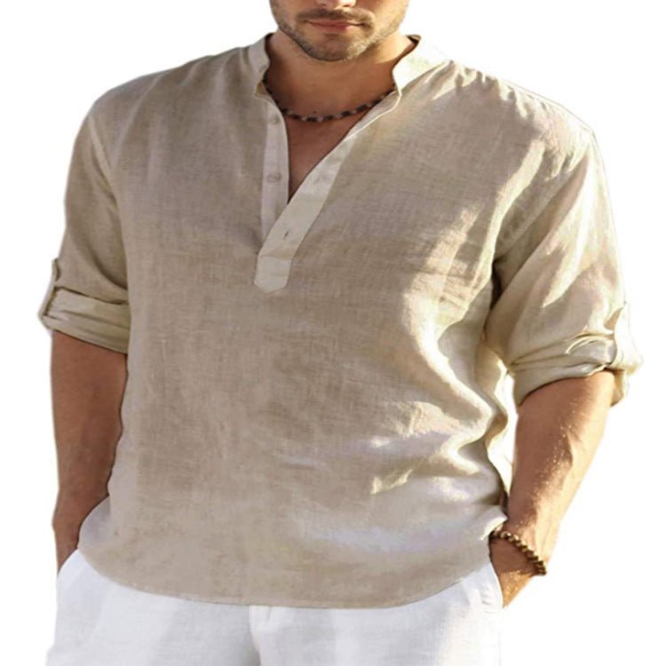 Men's Casual Cotton Linen Solid Color Long Sleeve Shirt Loose Stand Collar - RALO COLLECTION STUDIO