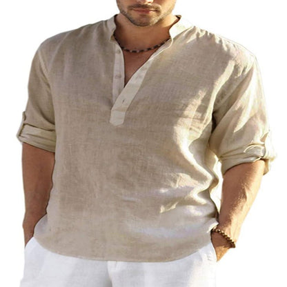 Men's Casual Cotton Linen Solid Color Long Sleeve Shirt Loose Stand Collar - RALO COLLECTION STUDIO