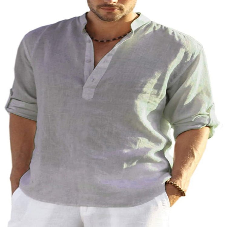Men's Casual Cotton Linen Solid Color Long Sleeve Shirt Loose Stand Collar - RALO COLLECTION STUDIO
