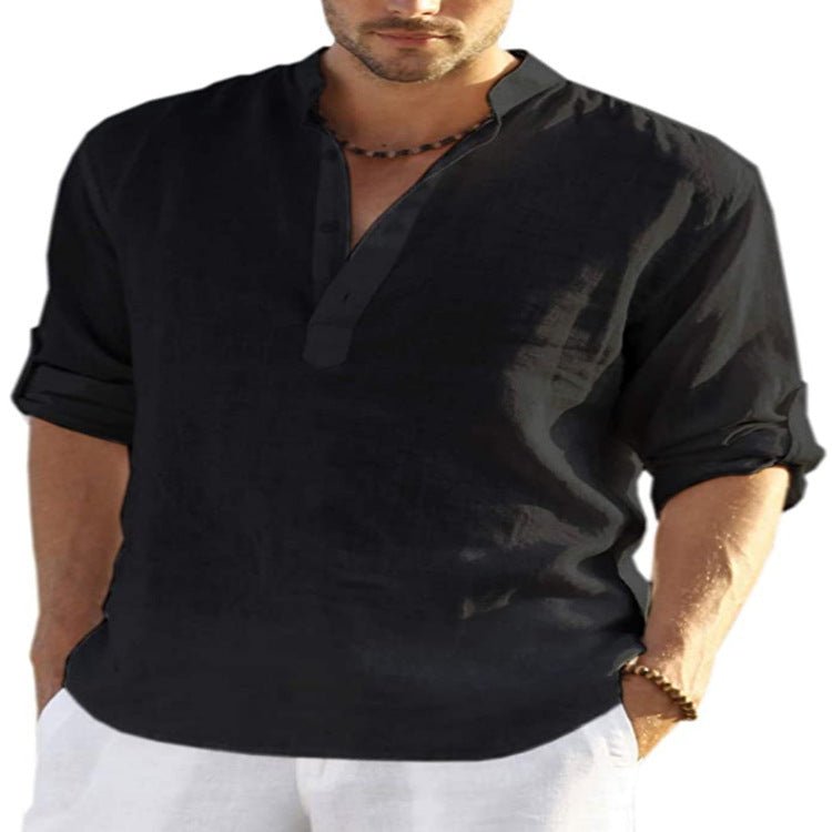 Men's Casual Cotton Linen Solid Color Long Sleeve Shirt Loose Stand Collar - RALO COLLECTION STUDIO