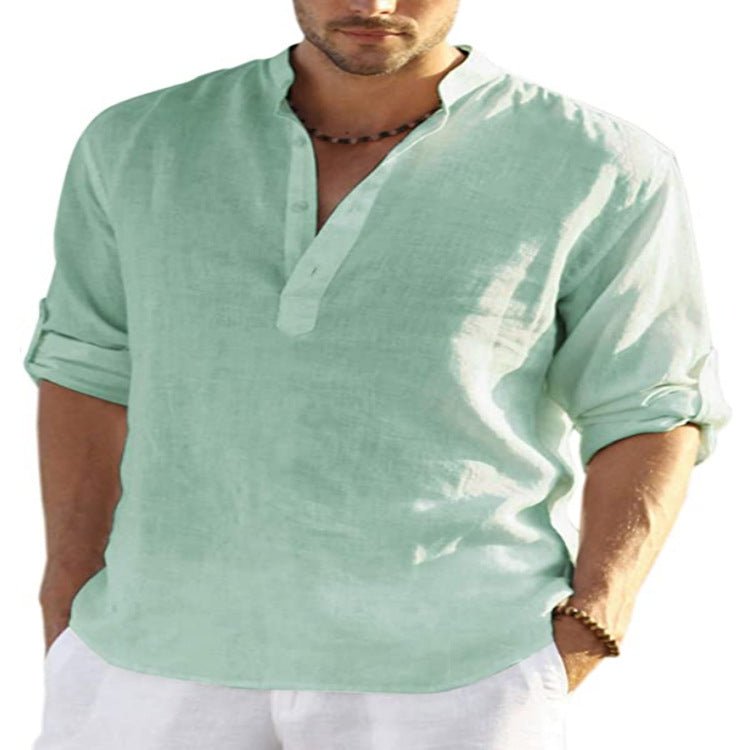 Men's Casual Cotton Linen Solid Color Long Sleeve Shirt Loose Stand Collar - RALO COLLECTION STUDIO