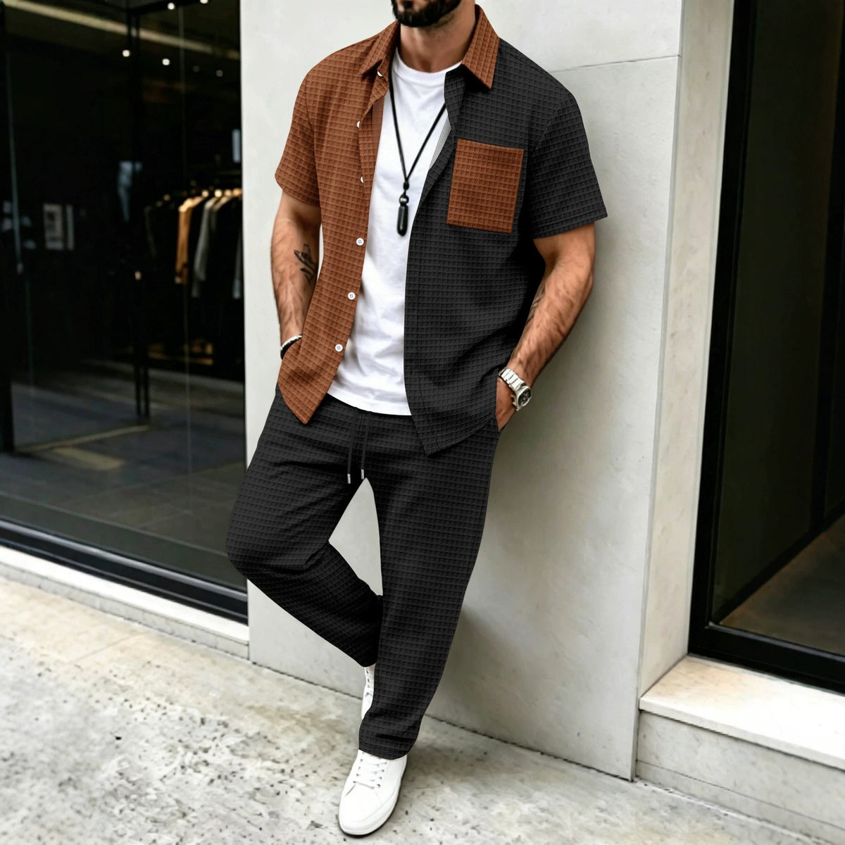 Mens Casual Short-sleeve Pocket Shirt And Trousers Set - RALO COLLECTION STUDIO