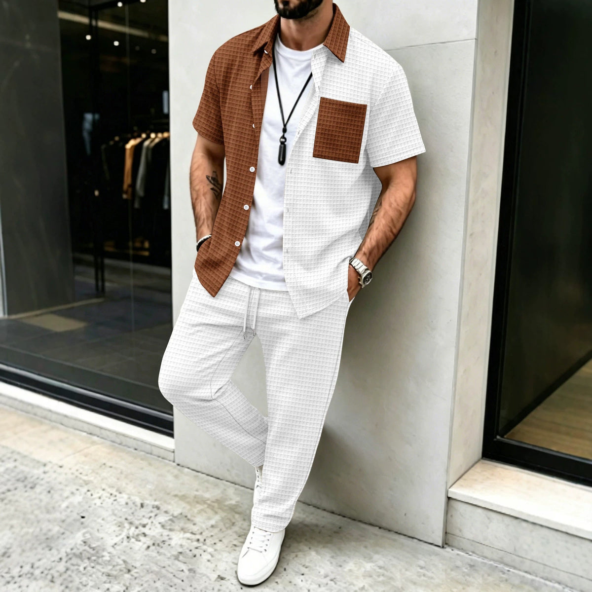 Mens Casual Short-sleeve Pocket Shirt And Trousers Set - RALO COLLECTION STUDIO