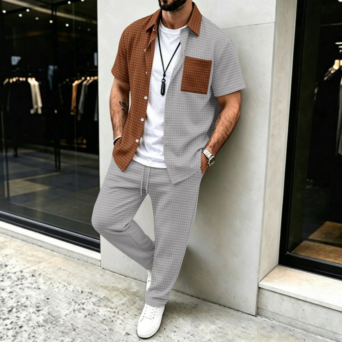 Mens Casual Short-sleeve Pocket Shirt And Trousers Set - RALO COLLECTION STUDIO
