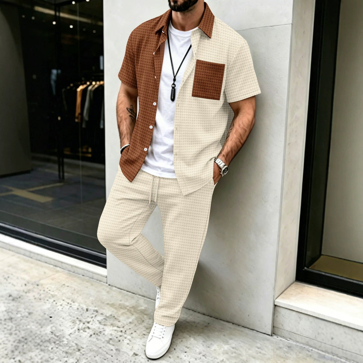 Mens Casual Short-sleeve Pocket Shirt And Trousers Set - RALO COLLECTION STUDIO