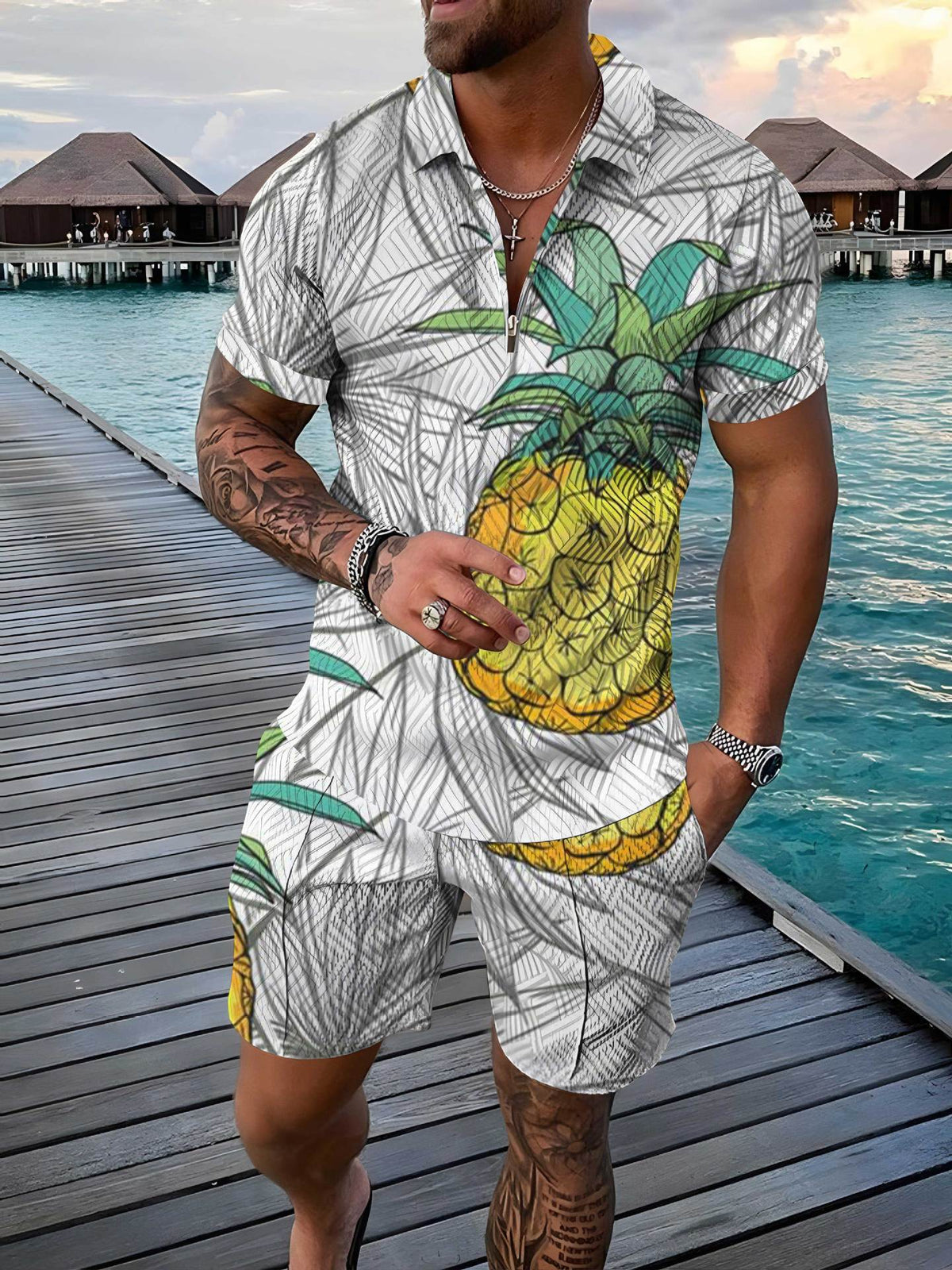 Mens Casual Short-sleeve Printed Top And Shorts Set - RALO COLLECTION STUDIO