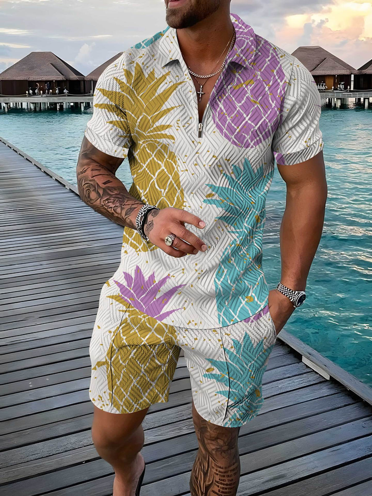 Mens Casual Short-sleeve Printed Top And Shorts Set - RALO COLLECTION STUDIO