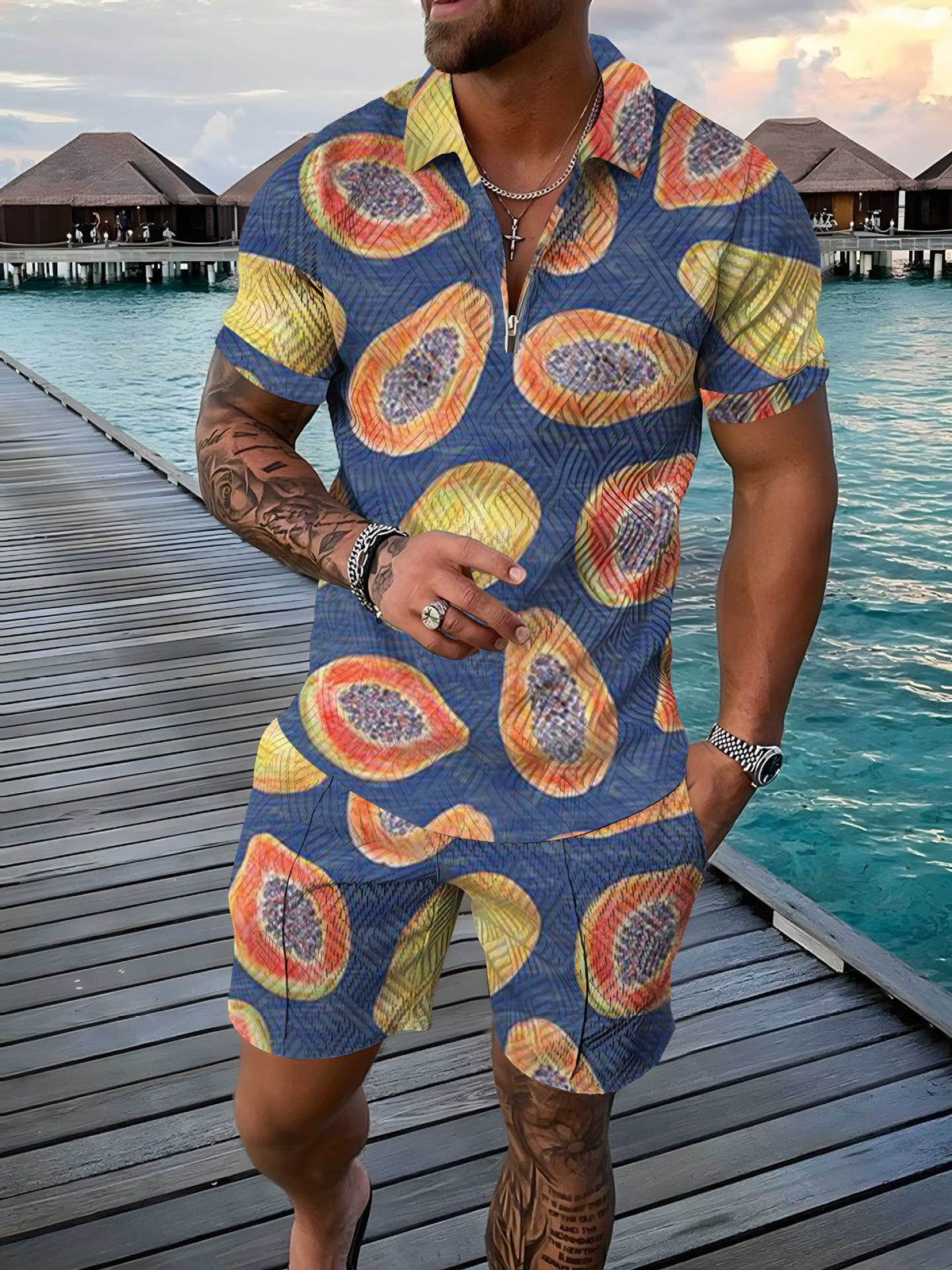 Mens Casual Short-sleeve Printed Top And Shorts Set - RALO COLLECTION STUDIO